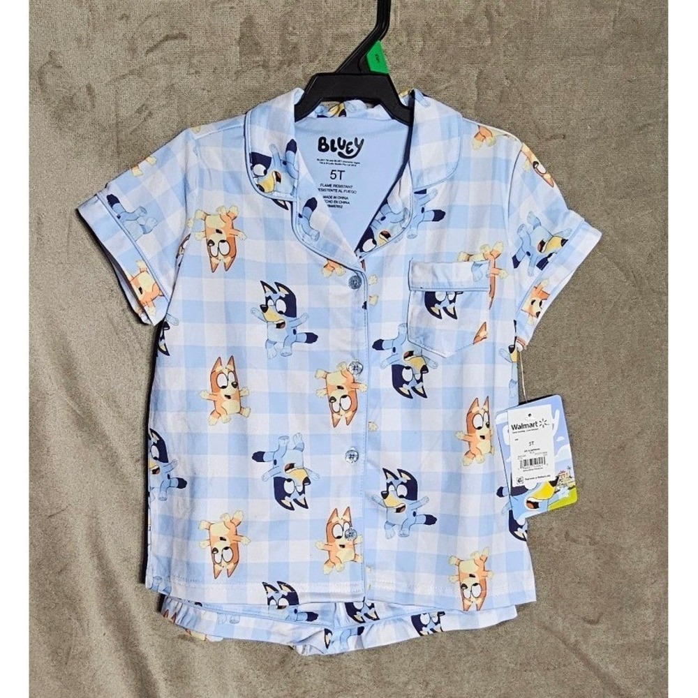 Bluey Bingo Kids 2PC Pajama Set Blue Gingham Button Down Shirt Shorts 5T NEW